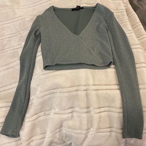 Teal/Green Glitter V-Neck Long sleeve cropped